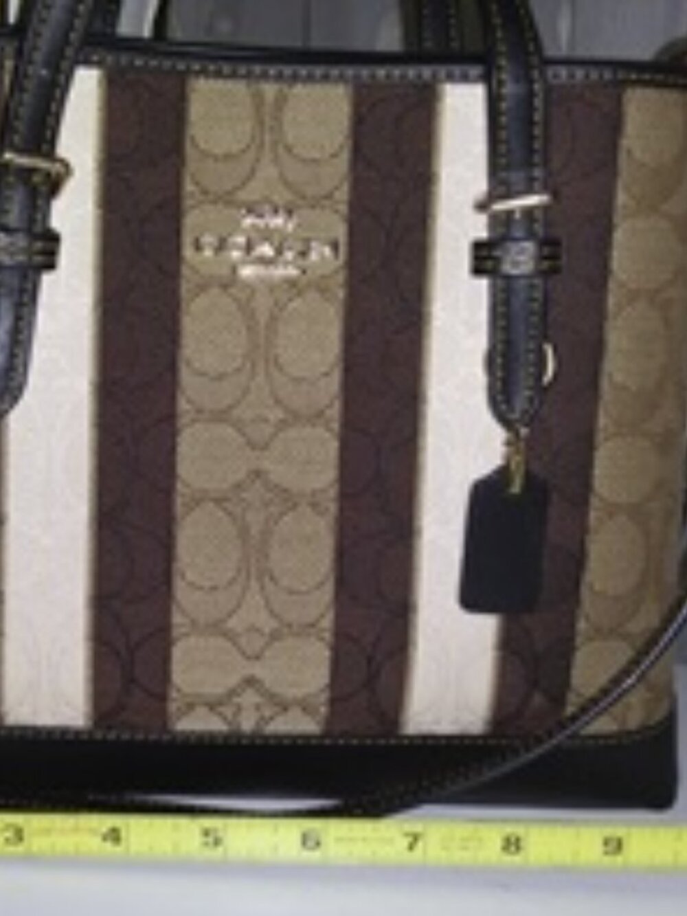 New Coach Signature Stripe Small Satchel in Brown/Black with Canvas Print - Picture 10 of 11